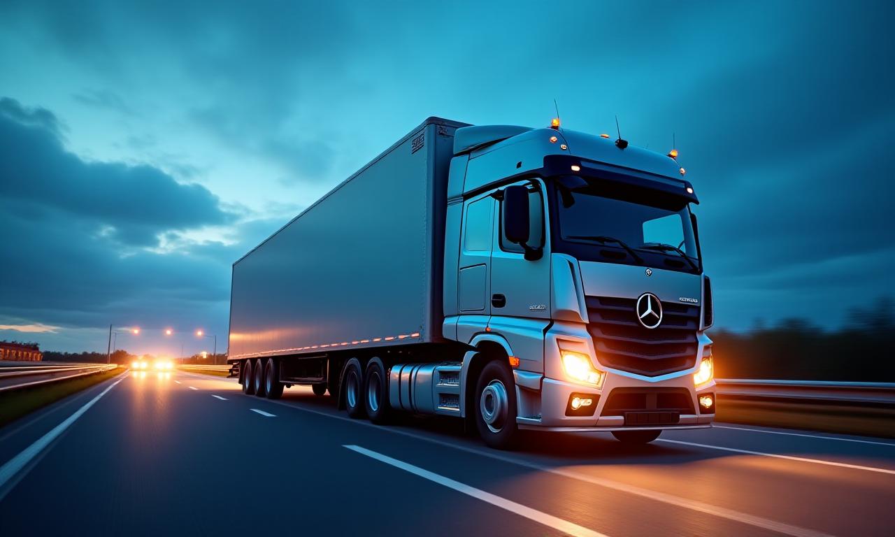 Modern logistics truck on an open highway at dusk