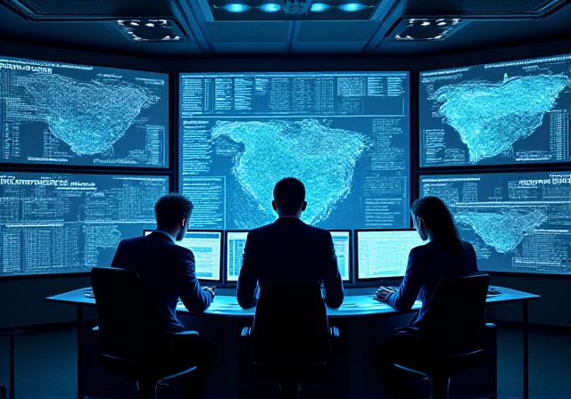 Modern logistics control center with glowing maps and high-tech displays