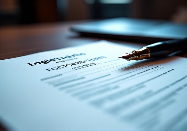Close up of a signed logistics contract on a dark wooden desk with professional lighting